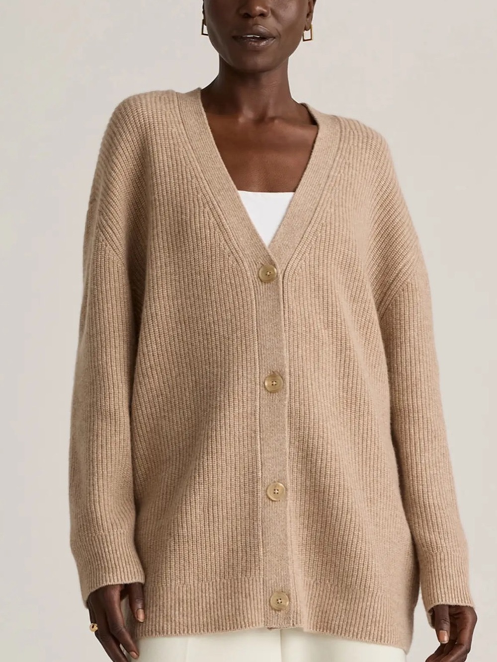 QUINCE Mongolian Cashmere Boyfriend Cardigan Sweater Oatmeal Tan size medium